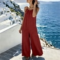 thumbnail image 4 of Linen Jumpsuit for Womens Loose Fitting Breathable Wide Leg Pants with Side Pockets Spaghetti Strap Overalls Red Overall Shorts S, 4 of 8