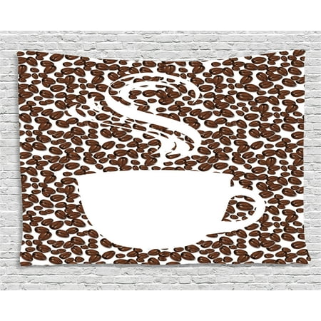 Coffee Tapestry, Piping Hot Java Cup Silhouette on Fresh and Aromatic Arabica Beans Gourmet Choice, Wall Hanging for Bedroom Living Room Dorm Decor, 60W X 40L Inches, Brown White, by