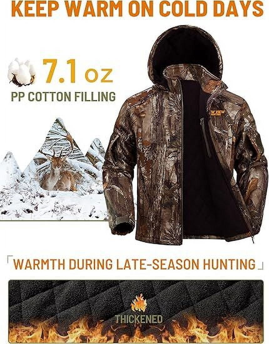 NEW VIEW Insulated Hunting Jacket for Men Cold Weather, Warm Camo Hunting Jackets with Hood, Water Resistant Hunting Clothes