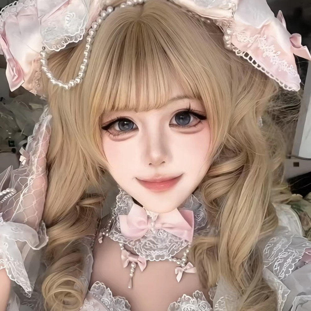 Vjnyvs Lolita Long Curly Wig with Bangs Double Ponytails Wig for Women