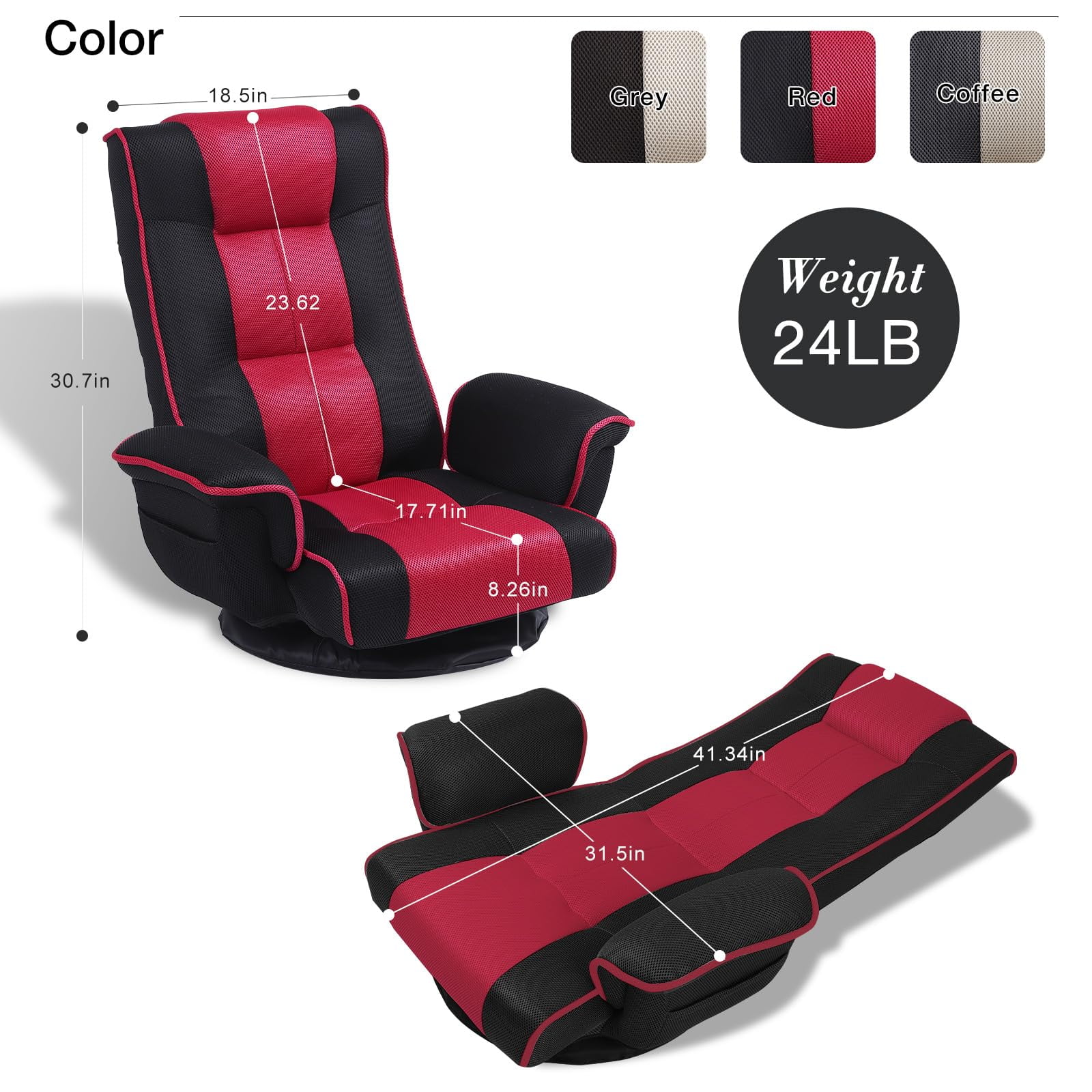 360 Degree Swivel Floor Chairs for Adults, Gaming Floor Chair with Back Support, 14 Angles Adjustable Comfortable Floor Lounge Chair Folding Video Game Chairs Office Bedroom