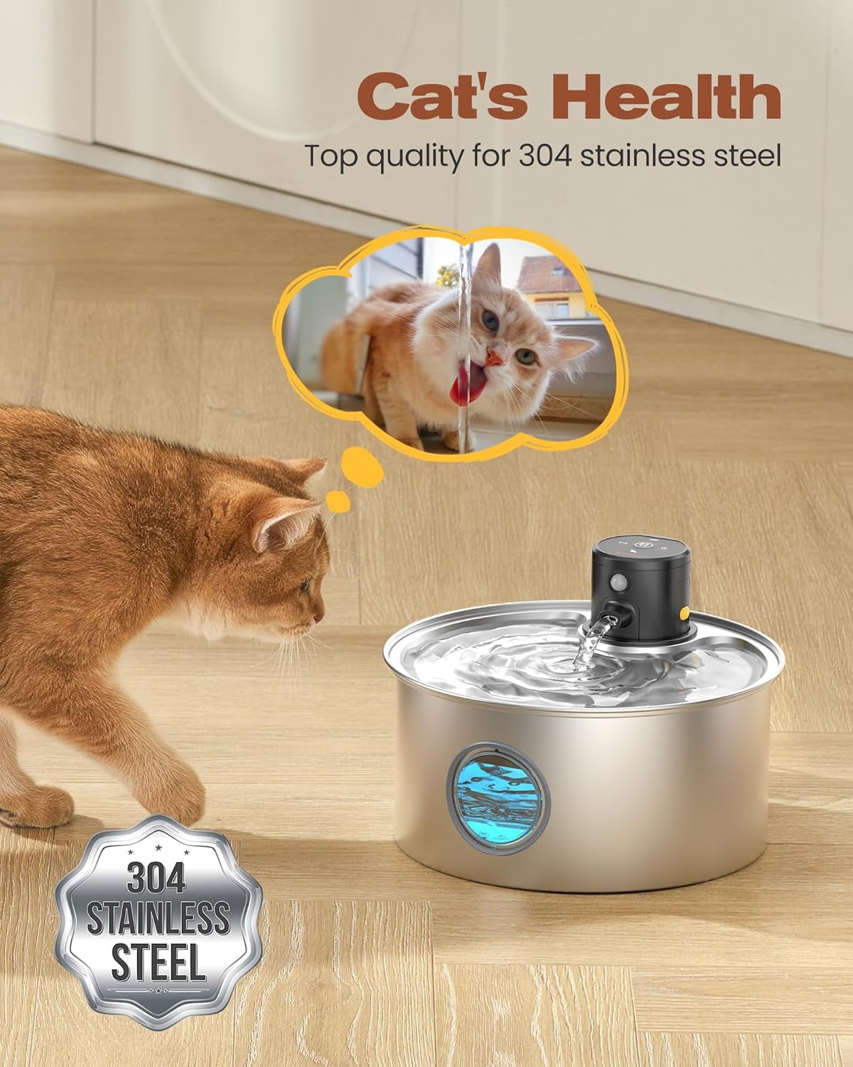 Cat Water Fountain Wireless Cordless: Cat Fountain Battery Operated - Stainless Steel Pet Water Fountain Rechargeable - 108oz/3.2L Automatic Cats Fountains for Drinking with Motion Sensor
