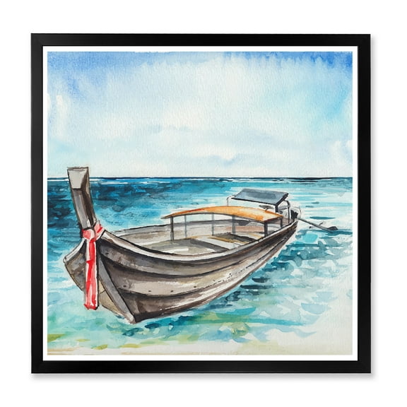 Designart 'Little Boat At The Lake Shore' Nautical & Coastal Framed Art Print