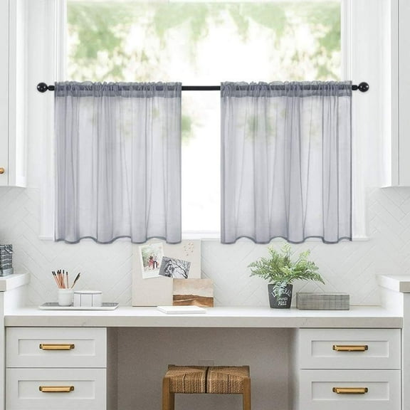 Btomtd 2pcs Semi Sheer Short Curtains in Solid Colour for Kitchen and Bathroom Thin Cafe Curtains Filter Light Beautifully for Any Home Space - 51.96"x18.11", Gray