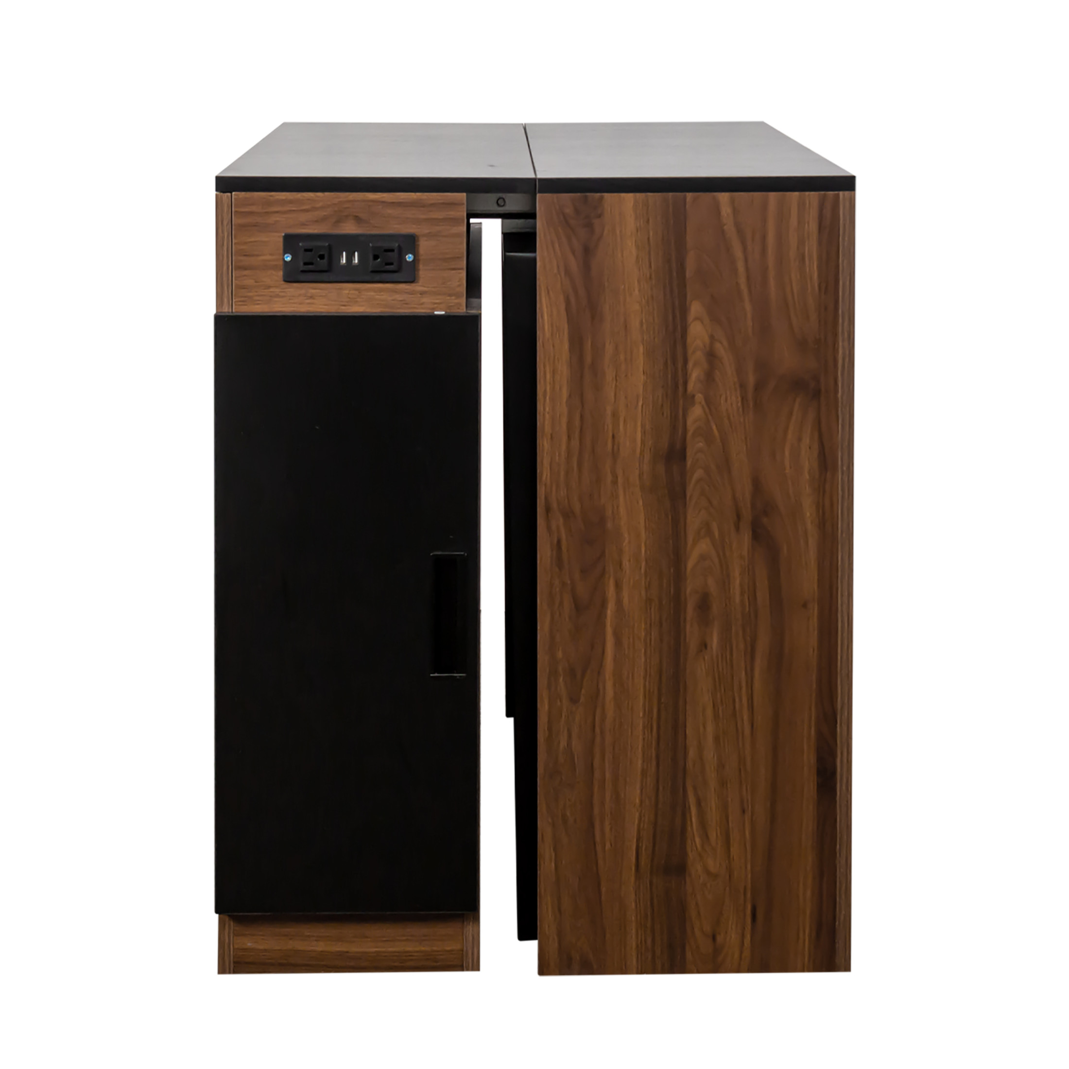 Noble House 118" Extendable Dining Table, Console-to-Table with Outlet, 5 Leaves & Panel Storage, Walnut + Black