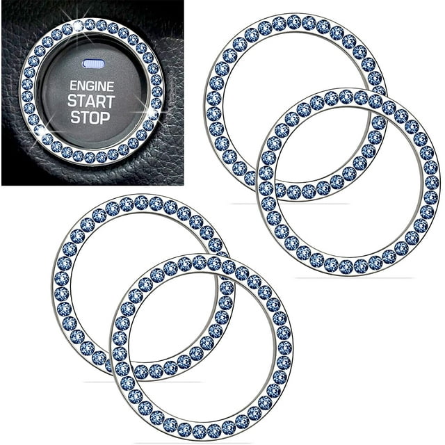 4Pcs Blue Bling Crystal Rhinestone Car Ignition Button Ring, Car Emblem Sticker with 35 Pcs Sparkling Rhinestones for Engine Ignition Key Button, AC Control Knobs, Volume and Tune Knobs