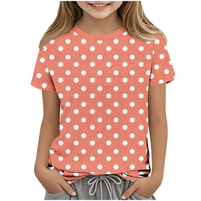 Zpanxa T Shirts for Girls Solid Color Round Neck Loose Fit Print Pattern Top Polyester Spandex 4 Years