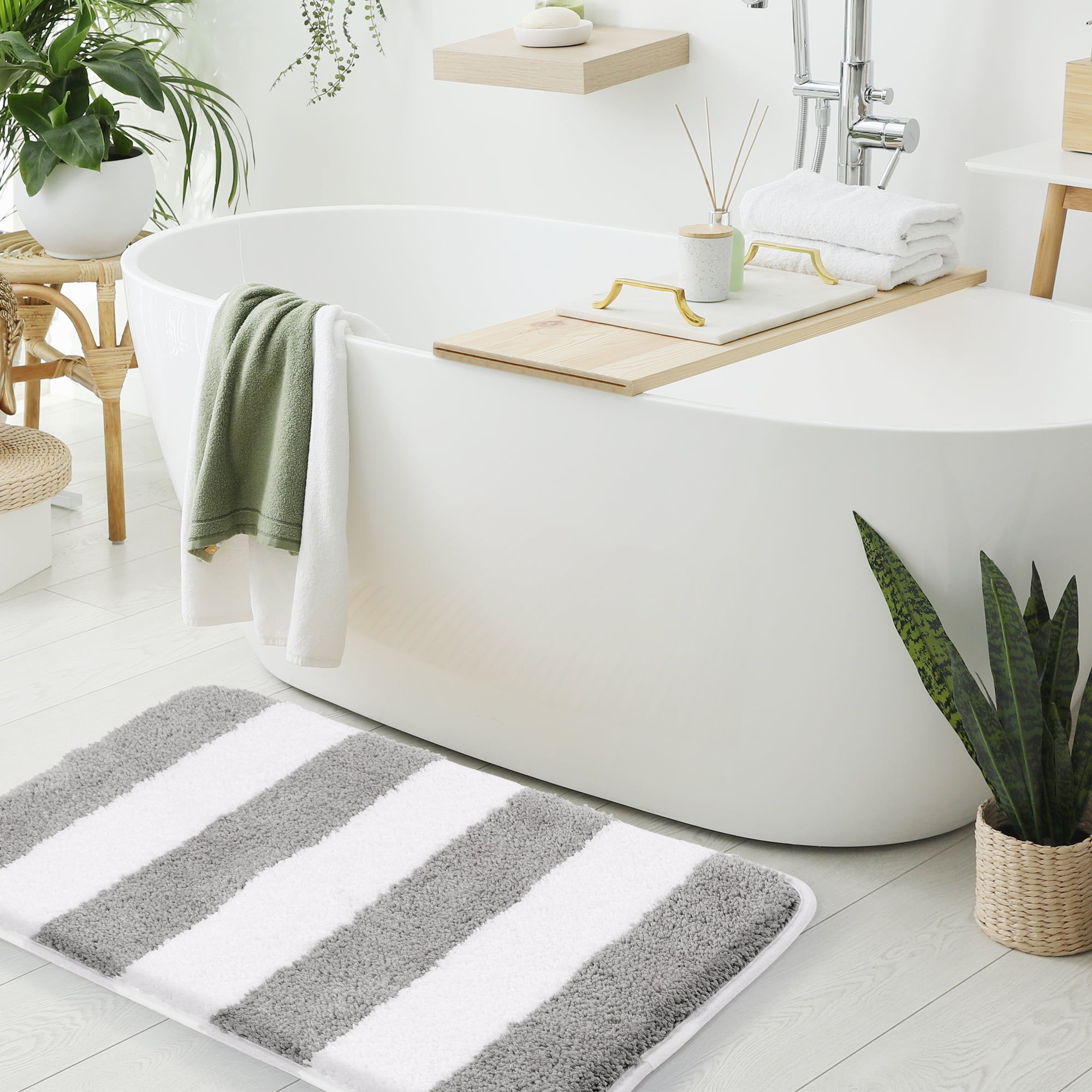 Unique Bargains Non Slip Microfiber Striped Bathroom Rugs Gray&White 20"x31"