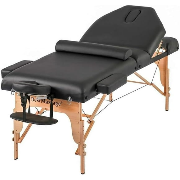 BestMassage Massage Bed Portable Massage Table 77" L 30" W 4" THK Lash Bed 3 Folding Height Adjustable PU Leather Spa Table with Half Bolster Oxford Bag for Spa Foot massage Facial Care Spa Tattoo