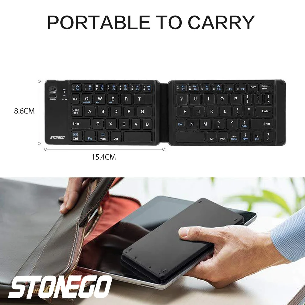 STONEGO Foldable Bluetooth Keyboard - Portable Wireless Rechargeable Ultra-thin Quiet Keyboard with Compact Folding Design and Built-in Battery, Universal for Tablets, Smartphones, Laptops