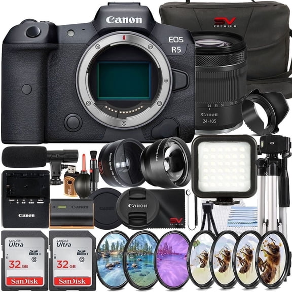 Canon EOS R5 Mirrorless Camera with RF 24-105mm Lens   2 Pack 32GB Memory Card   Case   LED Flash   SV Premium Accessory Bundle (International Version)