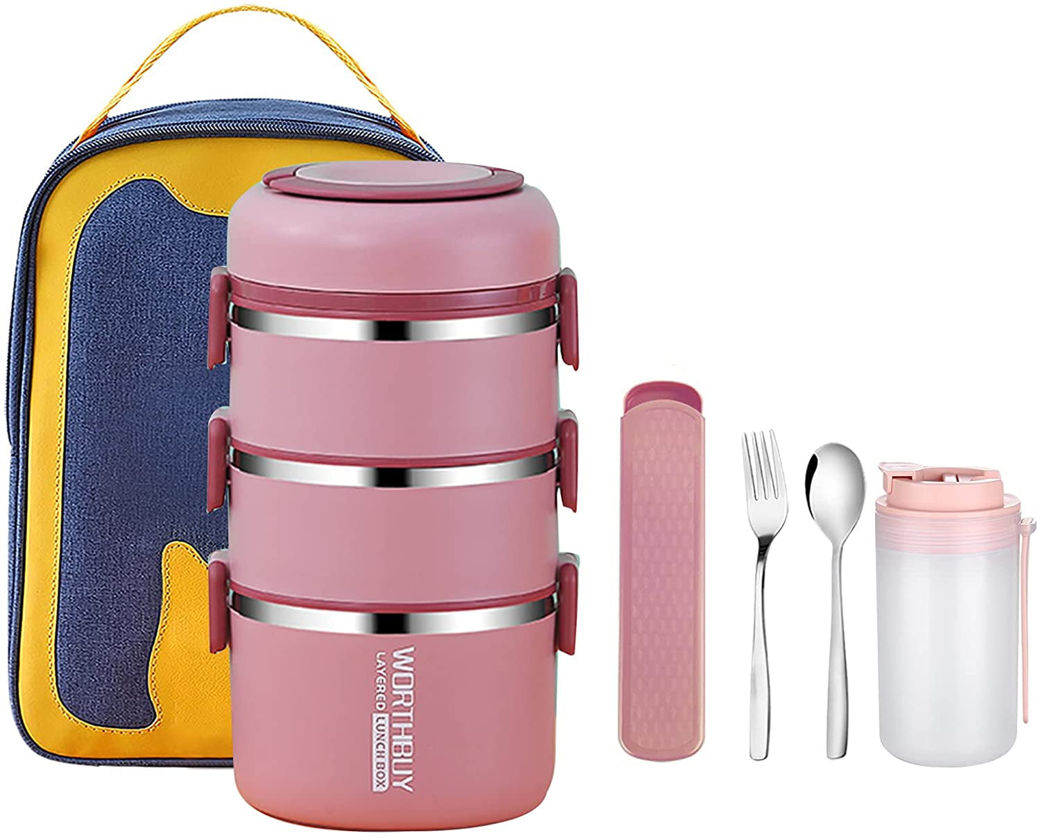 Fork/Spoon Bento Lunch Box Stackable Stainless Steel Thermos Leakproof 3 Layer 