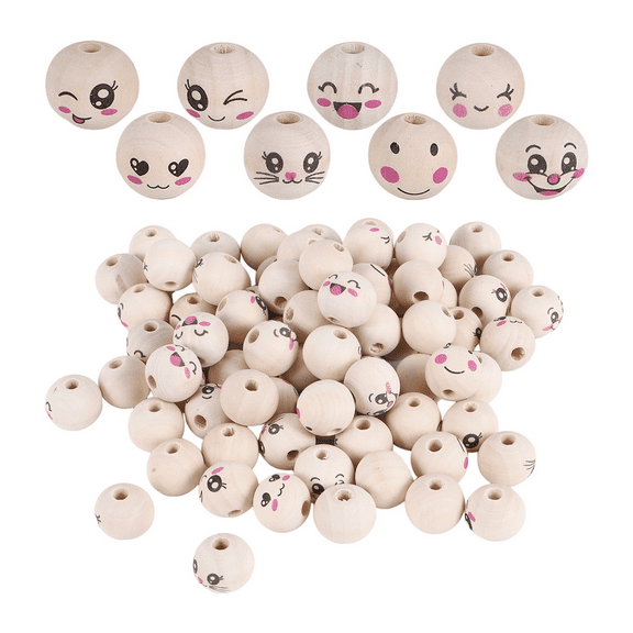 8 Styles Wooden Beads with Face 20 mm Smile Bead Natural Wood Round Hole Pack of 80
