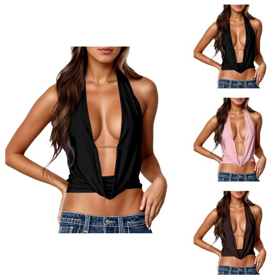 Halter Tank Tops for Women Deep V Neck Sleeveless Backless Tie Back Y2k Going out Tops Summer Streetwear