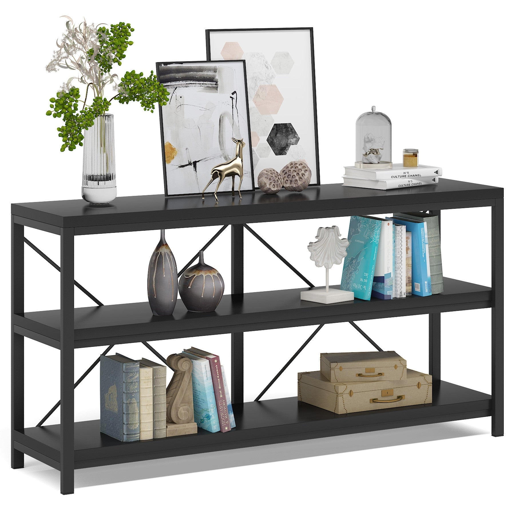 Sofa Table, 3 Tiers Console Table, Narrow Long Sofa Table Black Modern