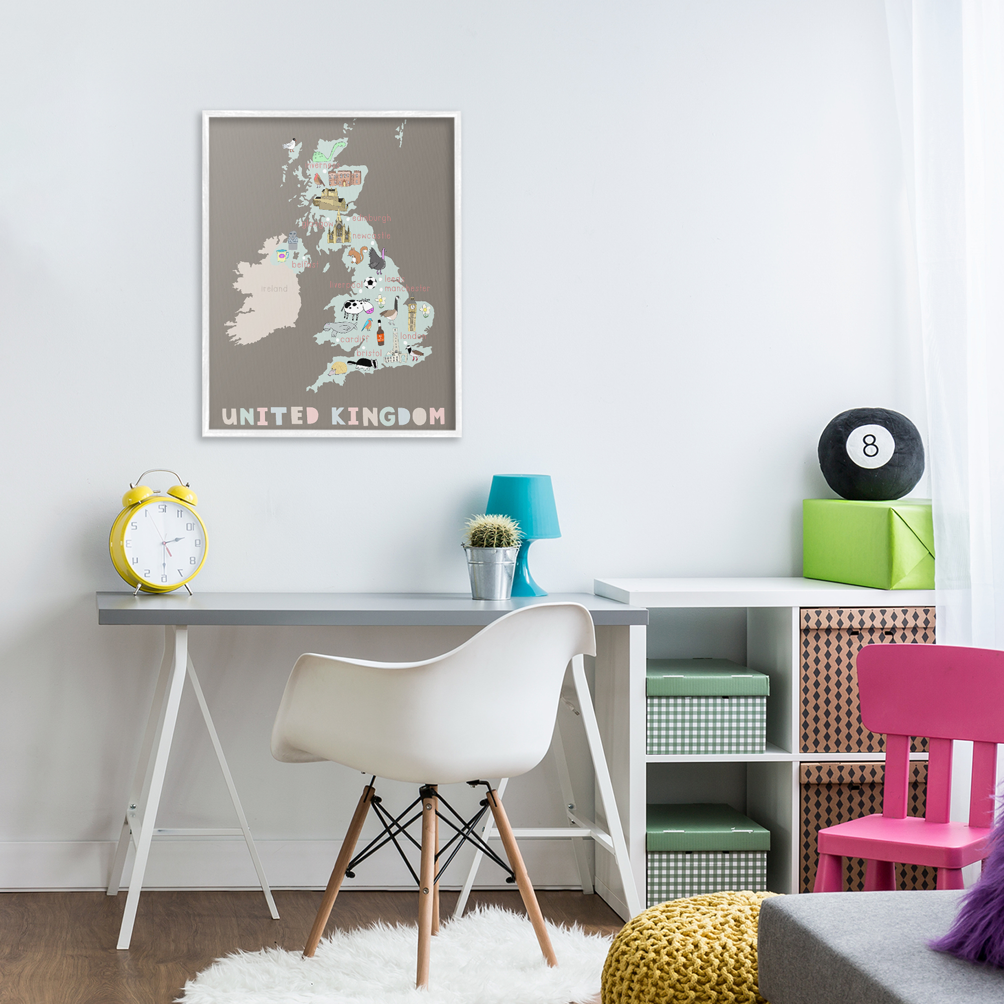 Kid's Map of United Kingdom White Framed Giclee Art, design by Carla Daly