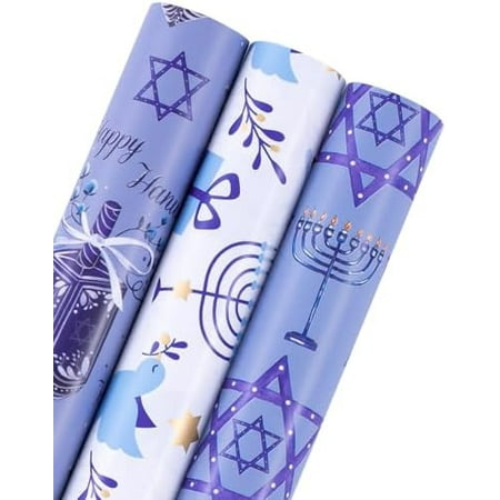 Hanukkah Wrapping Paper Roll - Mini Roll - 3 Rolls - 17 Inch x 120 Inch Per Roll - Menorah Lights, the Star of David and Dreidels Design