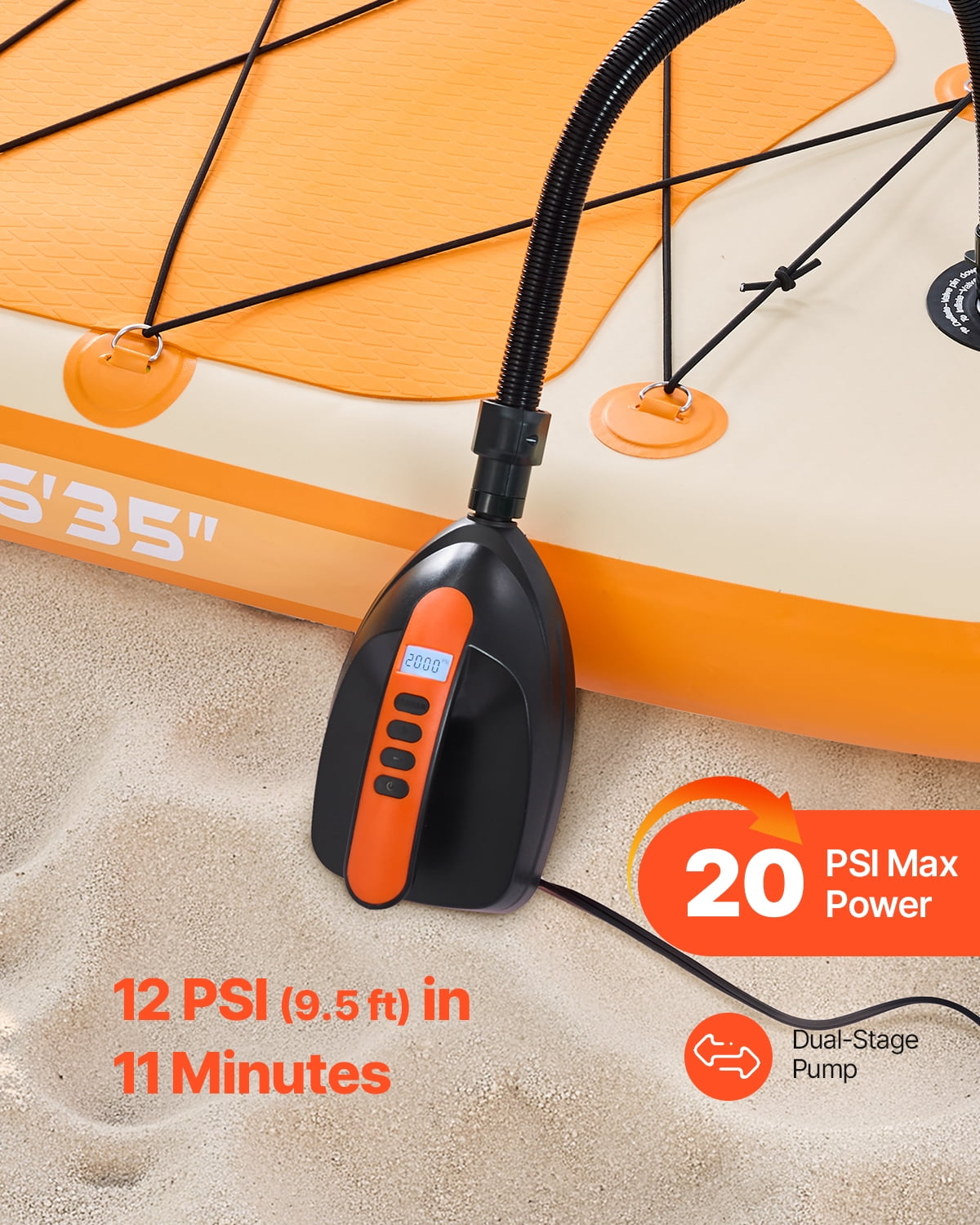 VEVOR Paddle Board Pump, 20PSI High Pressure Electric SUP Air Pump, 70 L/Min Inflating Speed SUP Inflator with Auto-Off and 12V DC Car Connector, Ideal for Inflatable Paddle Board, Tent and Mattress