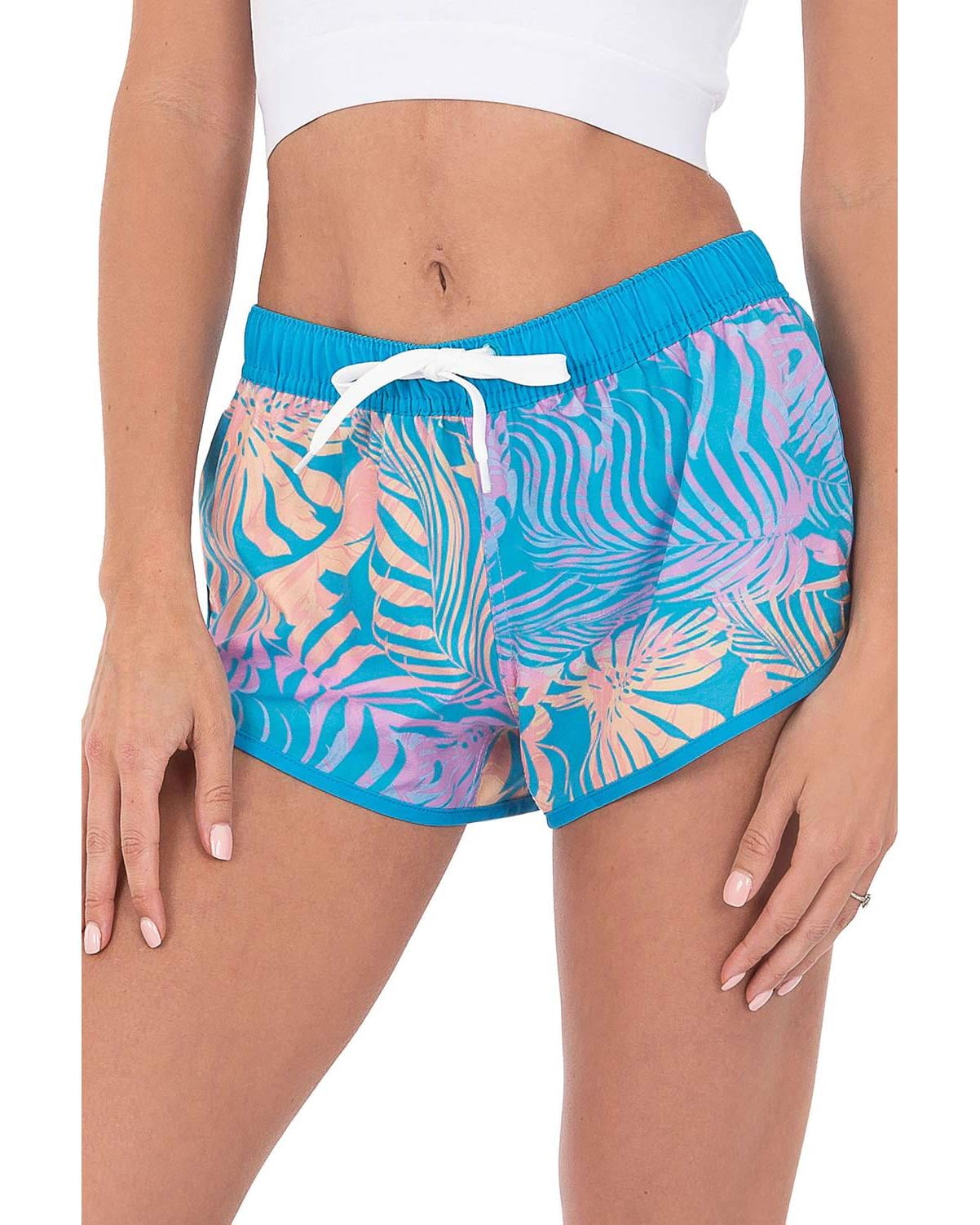 Womens Running Shorts 4 Way Stretch Tropical Quick-Dry, Tropical Teal,  Size: L, Uzzi Active Wear