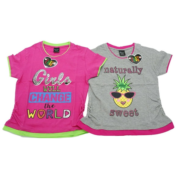 Just Love Ruched Side Graphic T-Shirts for Girls (Pack of 2) (Fuchsia / Grey, 10-12)
