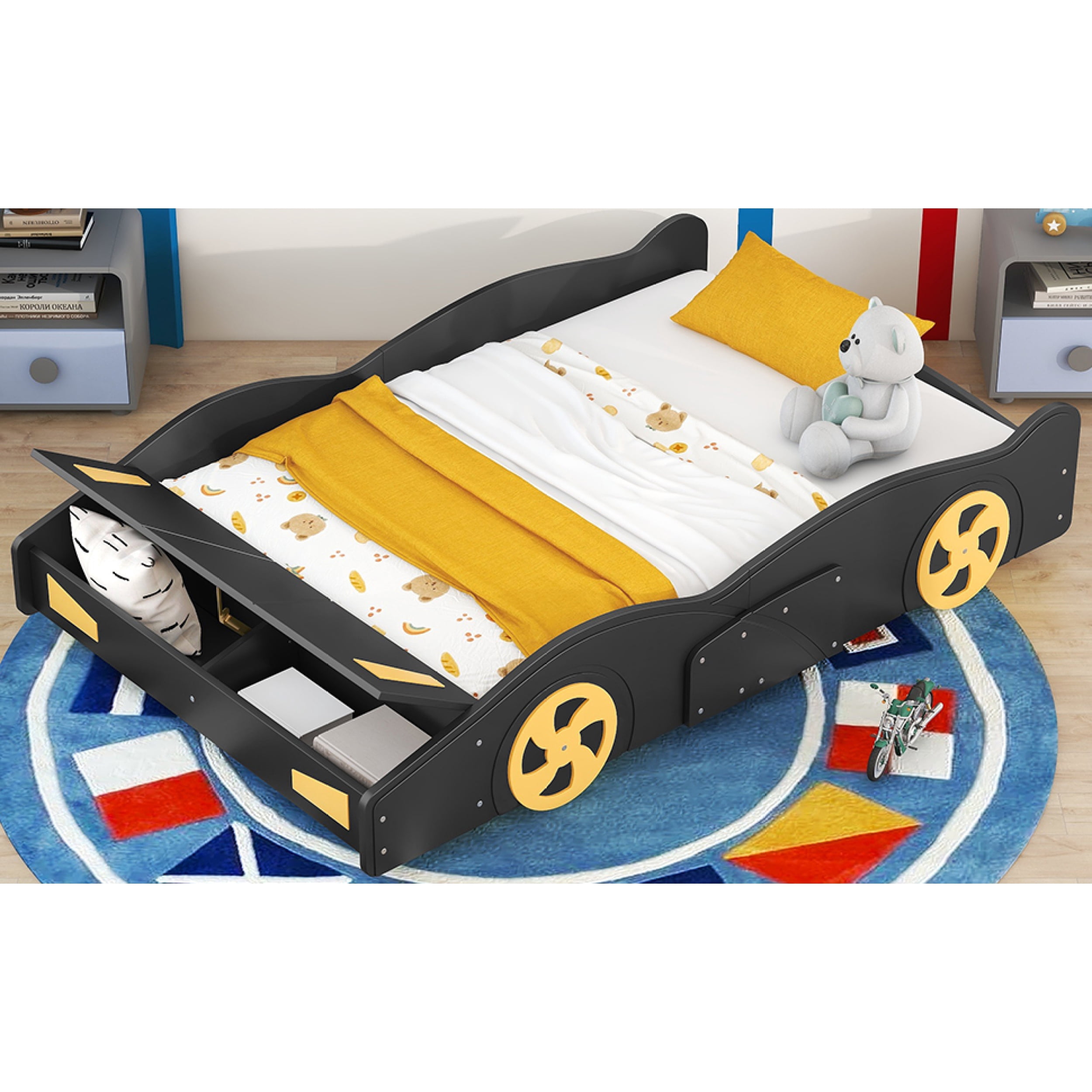 Full Size Race Car-Shaped Platform Bed with Wheels and Storage, Black&Yellow 60AAB