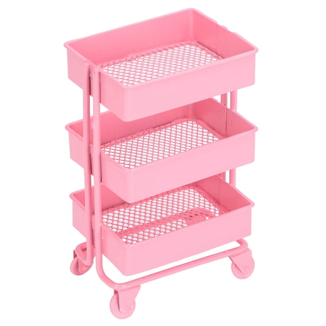 Dollhouse 3 Tier Storage Rack, Dollhouse Trolley Rack Removable Mini 1:12 Scale Modern Rectangle Style With Wheels For Kids Pink