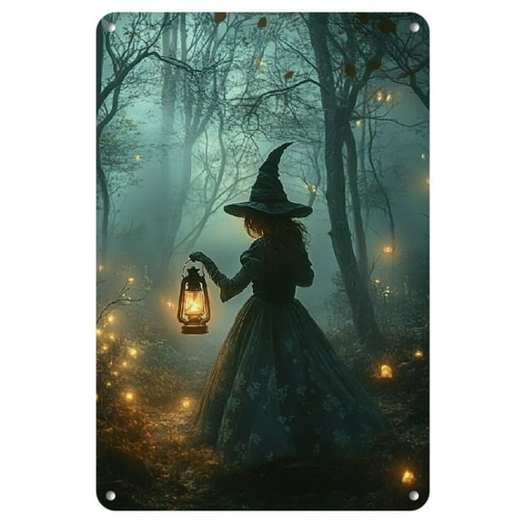 1pc Witch in Enchanted Forest Metal Tin Sign, Vintage Halloween Wall Art, Mystical Forest Scene Iron Home Decor for Living Room, Bedroom, Office - 8x12 inches