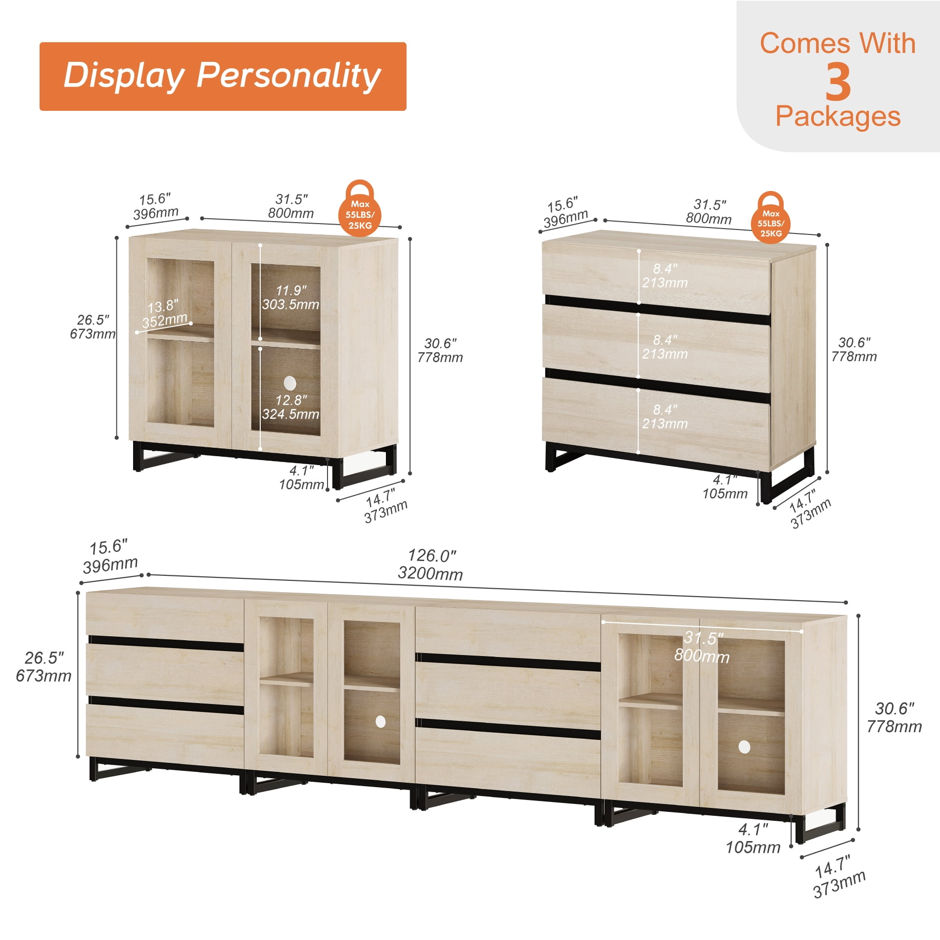 4 In 1 Modern Dresser with Glass Doors & 6 Drawers, Chest of Drawers with Adjustable Shelves, Multi-purpose Bedroom Closet Organizer Storage Cabinet,Beige