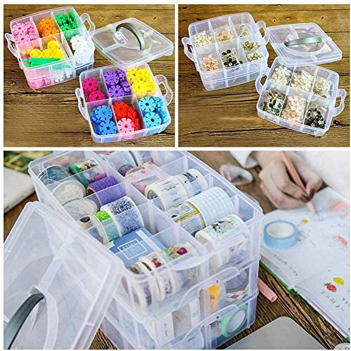 Topboutique 3 Tier Large Clear Plastic Organizer Storage Box Container Craft Storage with Adjustable Dividers,Clear Plastic Bead Storage Containers for Crafts,Art