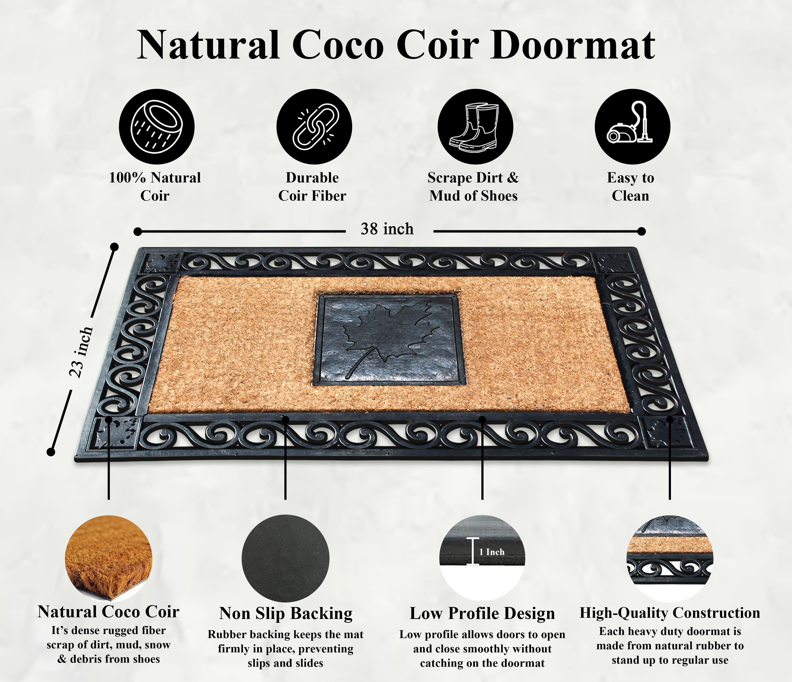 A1 Home Collections 38"×23" Natural Coir & Rubber Doormat - Decorative Welcome Design, Heavy Duty Coconut Fiber Entry Mat with Non-Slip Backing - Anti-Shed Treated, Low Profile Outdoor Front Door Mat