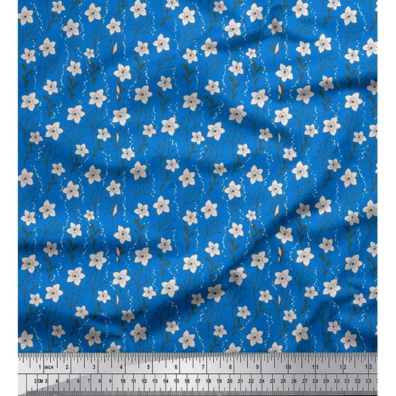Soimoi Blue Georgette Viscose Fabric Leaves & Daffodil Floral Print Fabric by Yard 42 Inch Wide