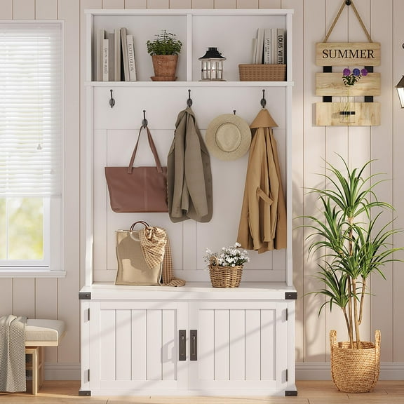3-in-1 Entryway Hall Tree with Bench & Shoe Storage, Multifunctional Coat Rack and Shoe Bench, Wood Hallway Organizer for Entry, Mudroom, Foyer, White
