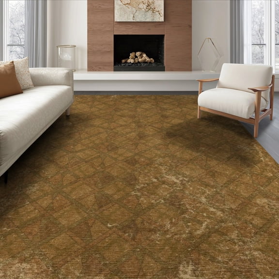 ODIKA 8'x10' Washable Area Rug Non-Slip Chair-Friendly Mat Abstract Olive Geometric Mosaic With Earth Tone Diamond Accents Vintage Flowing for Dining Room, Large Office, Lounge