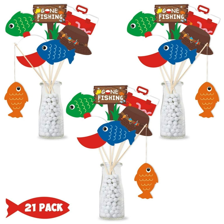 21 Pack Gone Fishing Theme Little Fisherman The Big One Party Centerpiece  Sticks Bobber Table Toppers Kids Fishes Reel Fun Birthday Ideas Photo Props  Decorations 