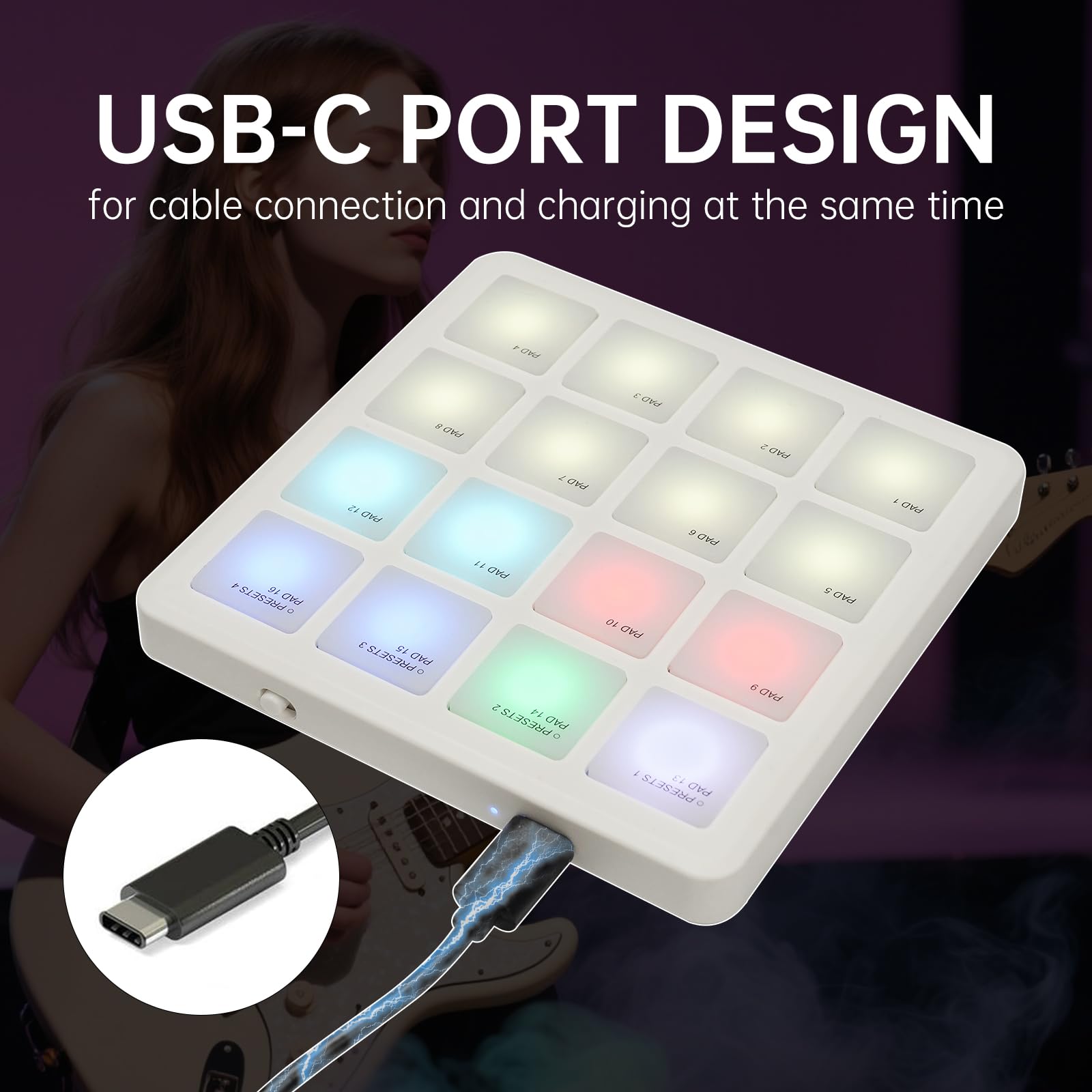 MIDI Controller Drum Pad Wireless Bluetooth MIDI Keyboard 16 Strike Pad Velocity Sensitive, Note Repeat, Full Level Buttons RGB Backlight Portable with Wired USB-C Built-in Battery