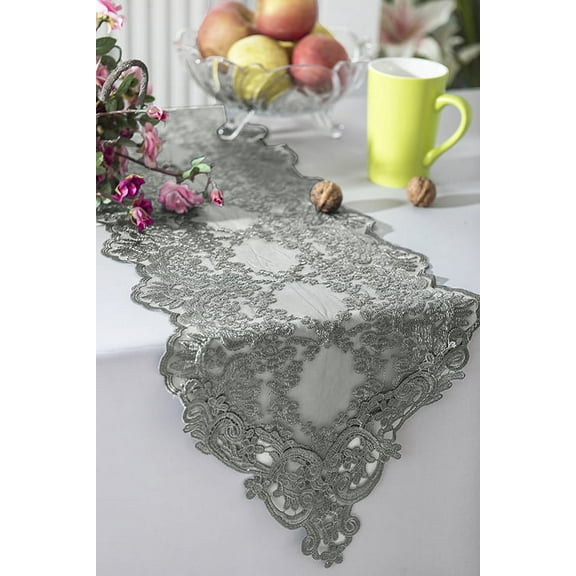 Wedding Linens Inc. 13" x 108" Floral Corded Lace Embroidered Table Runner - Silver