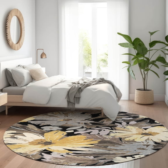 Addison Rugs Chantille Indoor/Outdoor Transitional Floral Black Washable Round Rug, 8' x 8'