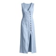 thumbnail image 5 of SAWOBUUN Womens Summer Cotton Maxi Dress Sleeveless V Neck High Waist Button Down Long Dress Side Slit for Beach Vacation, 5 of 9