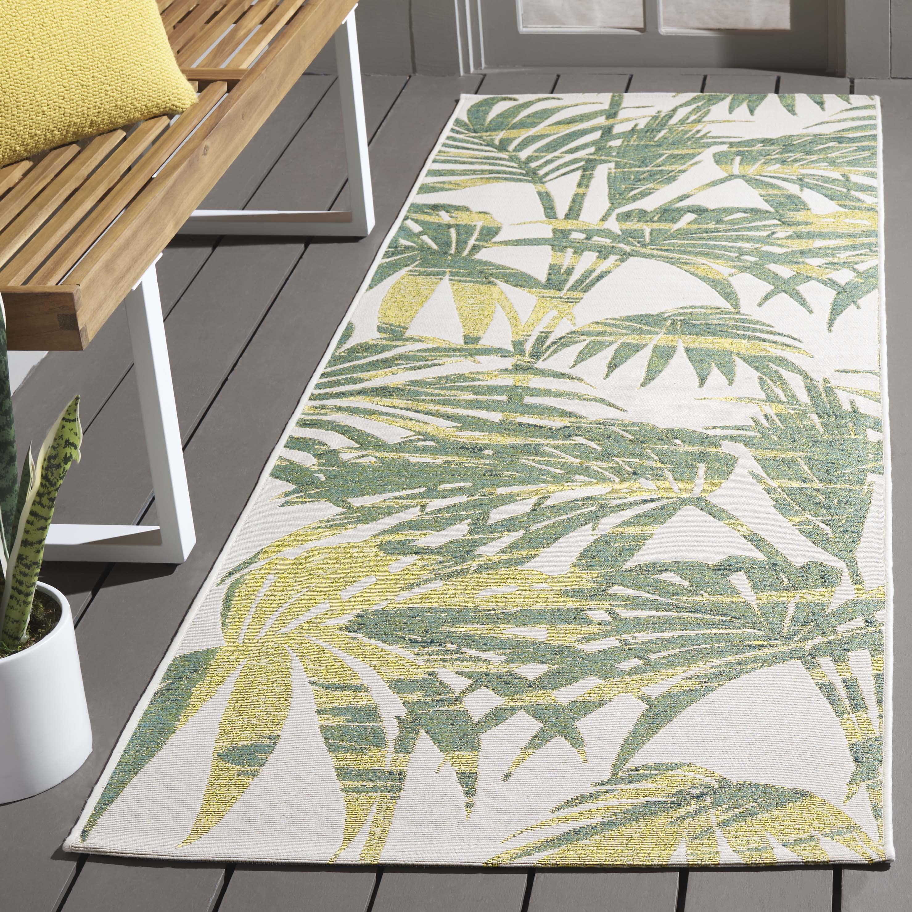 SAFAVIEH Barbados Cahir Botanical Indoor/Outdoor Runner Rug, Ivory/Green, 2'8" x 8'