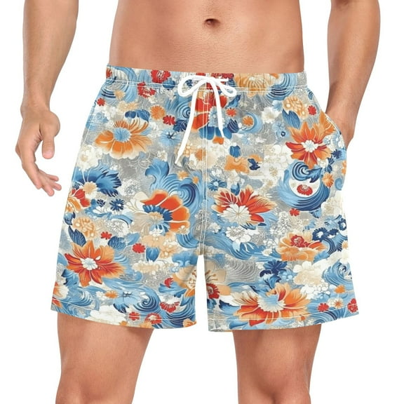 Men's Quick Dry Casual Beach Shorts Japanese Floral Print with Pockets, Lightweight Swim Trunks for Surfing Gym