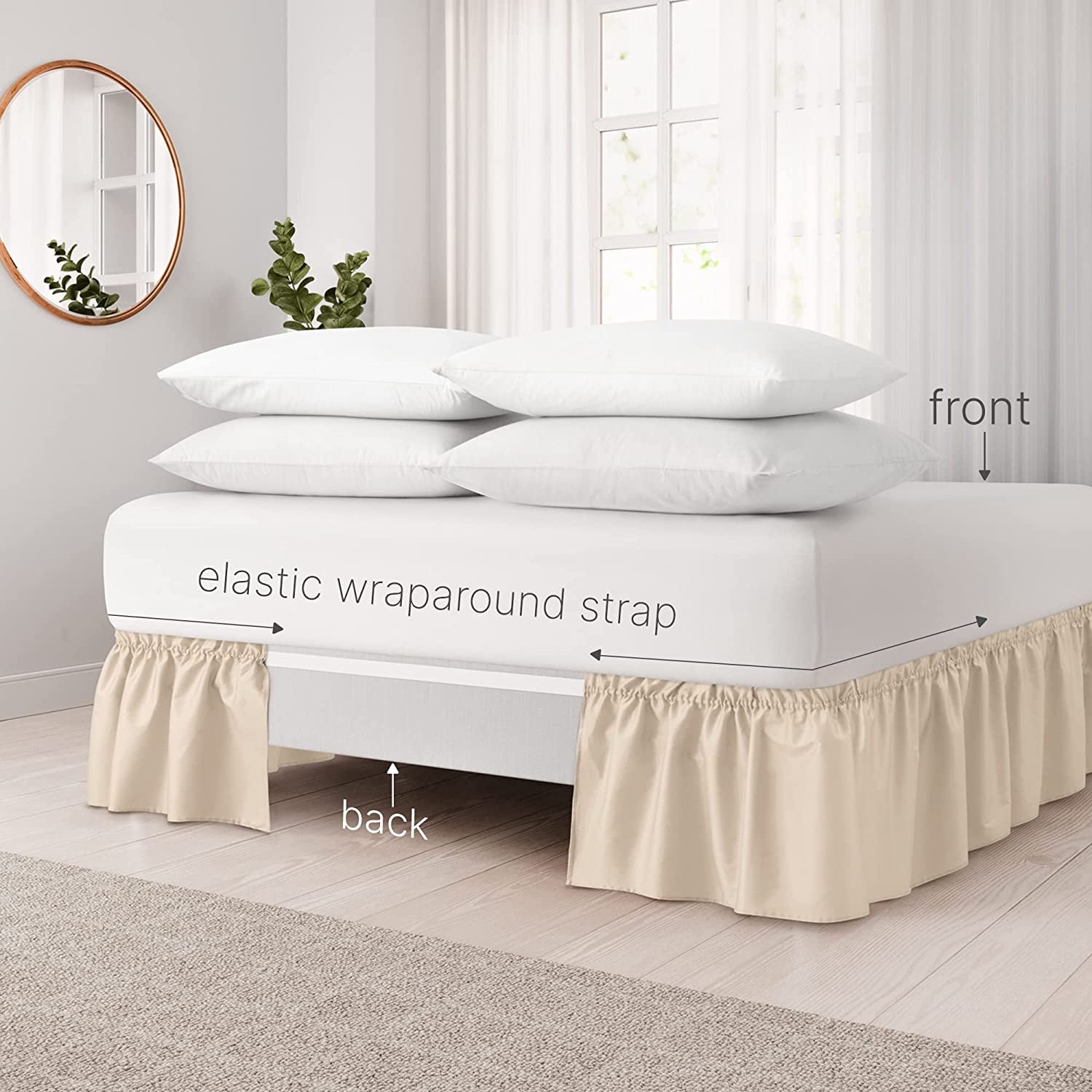 CGK Linens Wrap Around Dust Ruffle Bed Skirt - For Twin Size Bed With 12 Inch Drop, Easy Fit Elastic Strap - Pleated Bedskirt, Cream