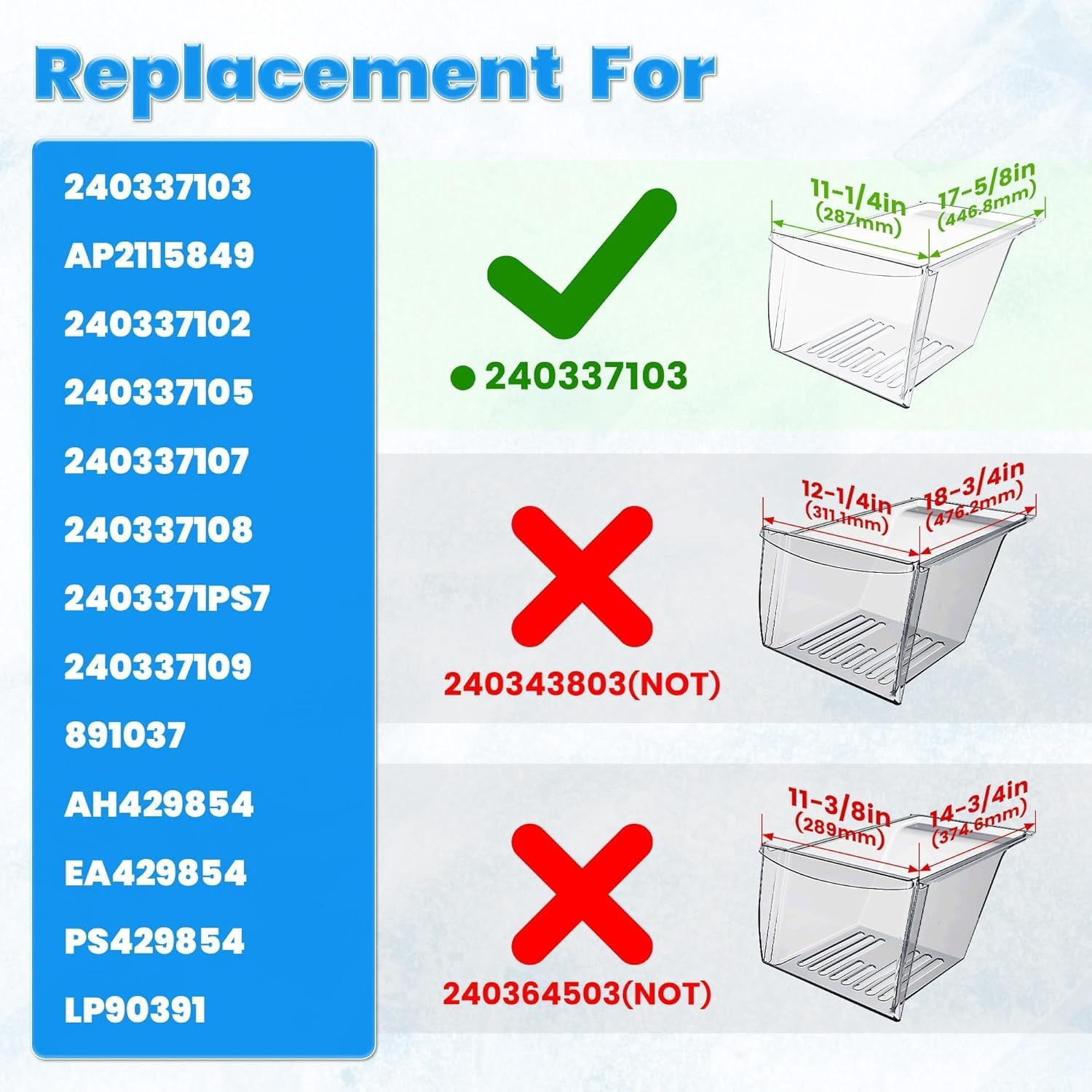 2 Pack 240337103 Refrigerator Crisper Bin Drawer Replacement Compatible with Frigidaire Kenmore Replacement For 240337107, 240337102, 240337105, 240337108, 240323007, 240337100, AP211574