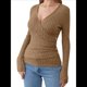 thumbnail image 2 of Camisas de Larga para Mujer, Cuello en V, Punto Acanalado, Corte Ajustado, Suéter con Botones, Blusa Informal de Trabajo para Otoño. Caqui L, 2 of 10