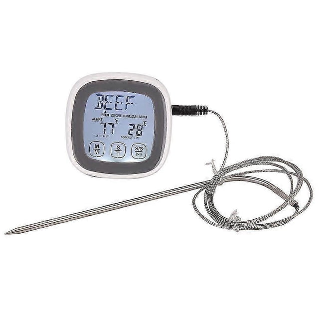 Termómetro digital táctil para cocina, ideal para cocinar alimentos y carnes, con función de temporizador y sonda.