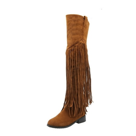 

GWAABD Wide Calf Boots for Women with Heel Autumn and Winter New Long Boots Women s British Retro Knee Boots Flat Casual National Style Keep Warm Tassel Boots