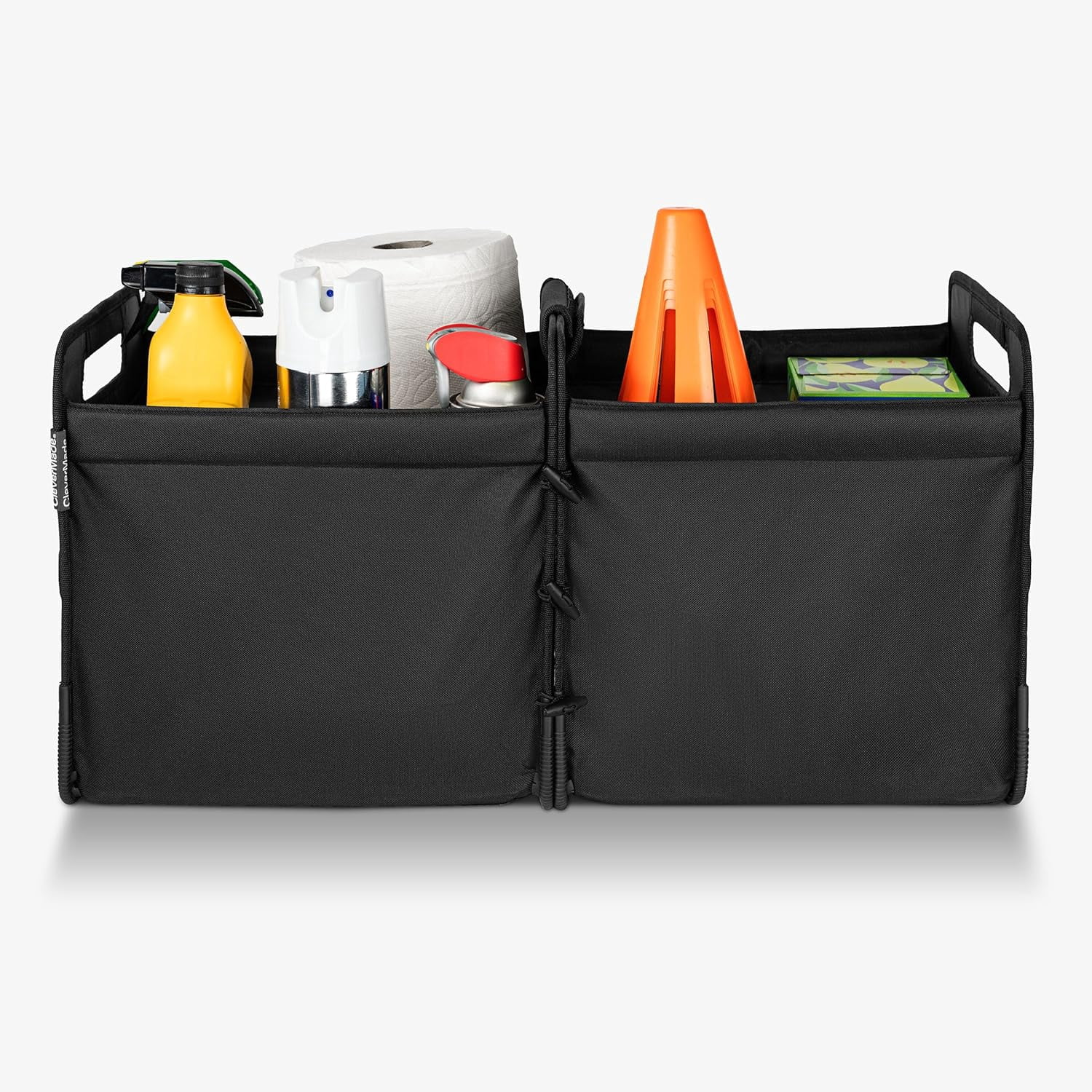 CleverMade Double Trunk Caddy 46L Collapsible Car Organizer for SUV, Foldable Cargo Storage Basket with Removable Compartments, Connectable Design, Reinforced Frame, Midnight Black