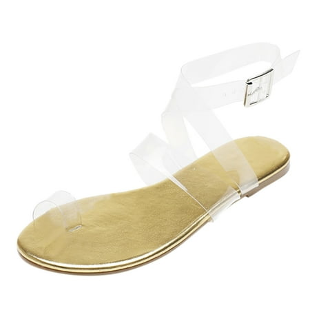 

WANYNG slippers for women Women Fashion Clip-Toe Transparent Strap Sandals Roman Flat Sandals Ladies Shoes lady shoes Gold 41