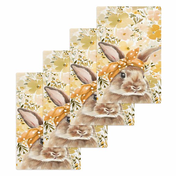 Easter Bunny Kitchen Dish Towels for Drying Dishes Set of 4, Spring Yellow Floral Rabbit Scarf Botanical Waffle Weave Microfiber Hand Tea Bathroom Towels Quick Dry & Absorbent Towel 15.7x23.6