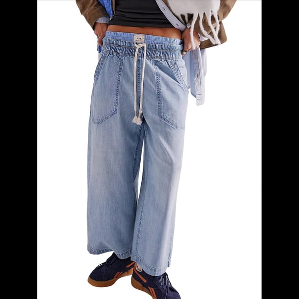 Pantalones Vaqueros Estilo Barril para Mujer, Informales, Anchos, Elásticos, de Tiro Medio, Estilo Boyfriend, Y2k, Holgados, con Cordón. Azul M