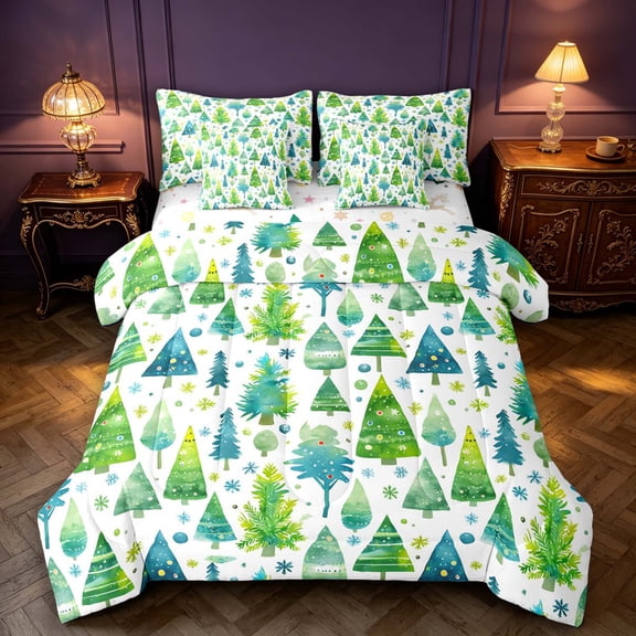 Manfei Festive Christmas Tree 7-Piece Twin Bedding,Traditional Polka Dot Bedding Comforter Set,Green White,Christmas Reversible